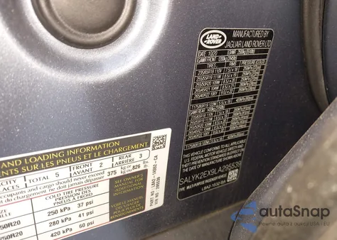 2020 Land Rover Range Rover Velar P250 R-Dynamic S z USA, uszkodzony, nr VIN SALYK2EX9LA295539